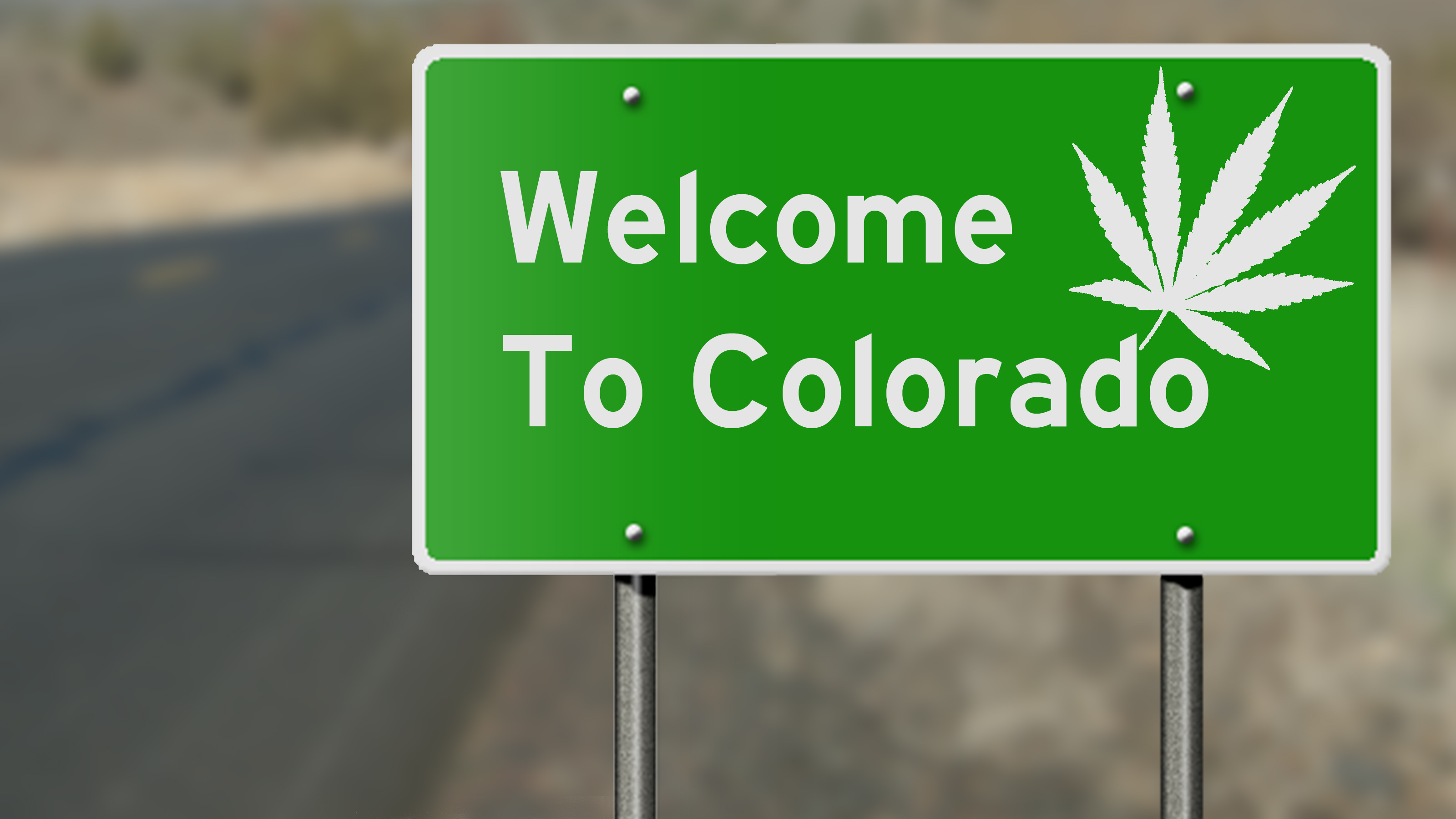 Welcome to Colorado highway sign with marijuana leaf